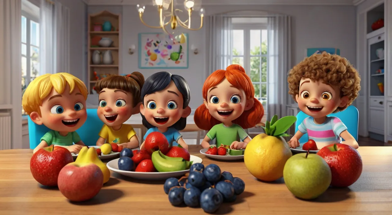 a group of children sitting at a table with plates of fruit