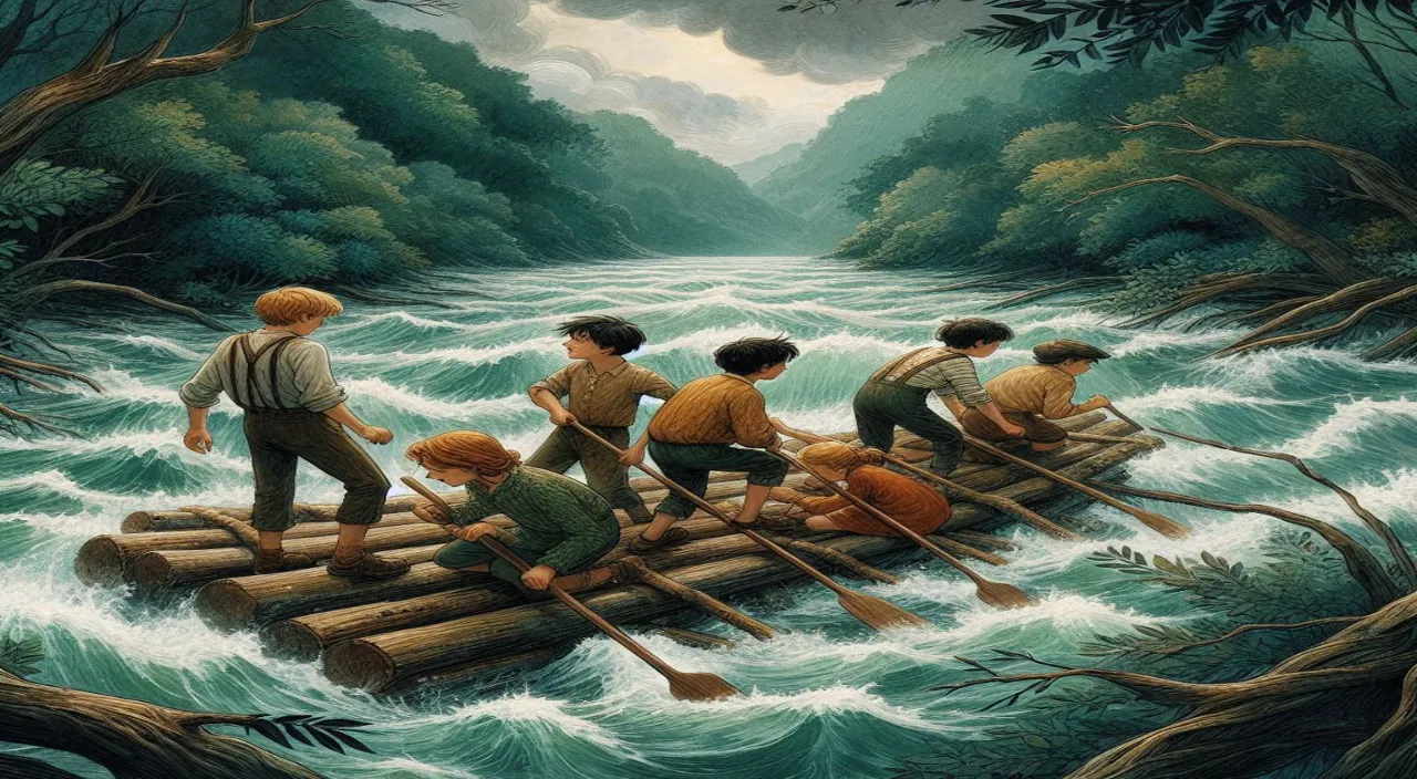 a painting of a group of people on a raft in a river