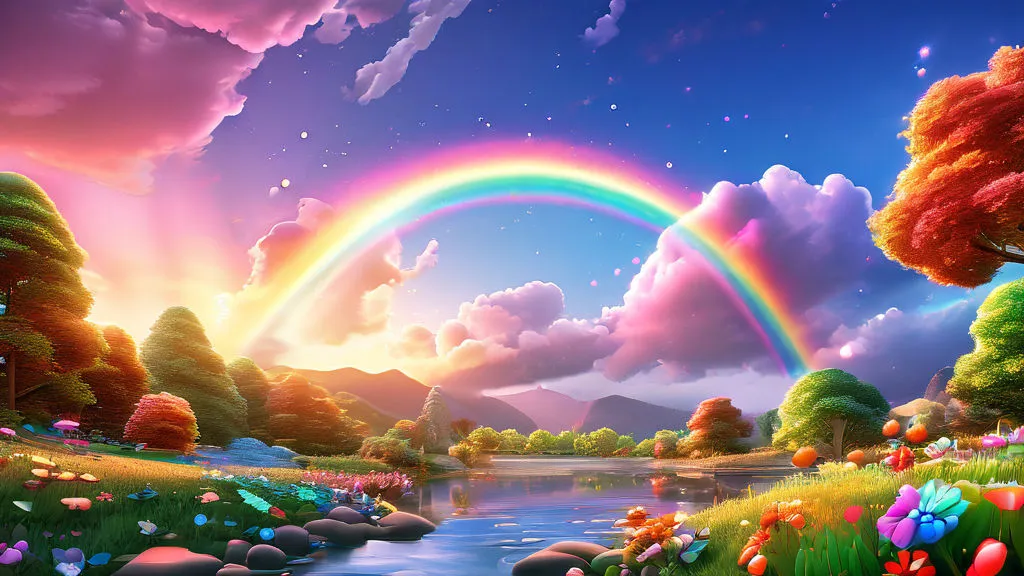 a painting of a rainbow over a river