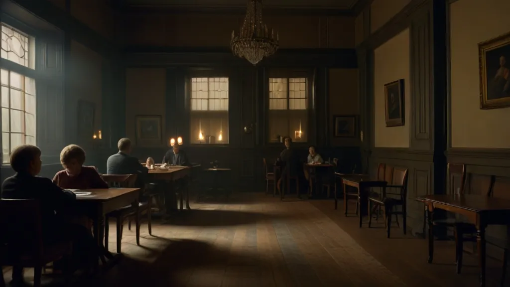 a group of people sitting at a table in a dark room