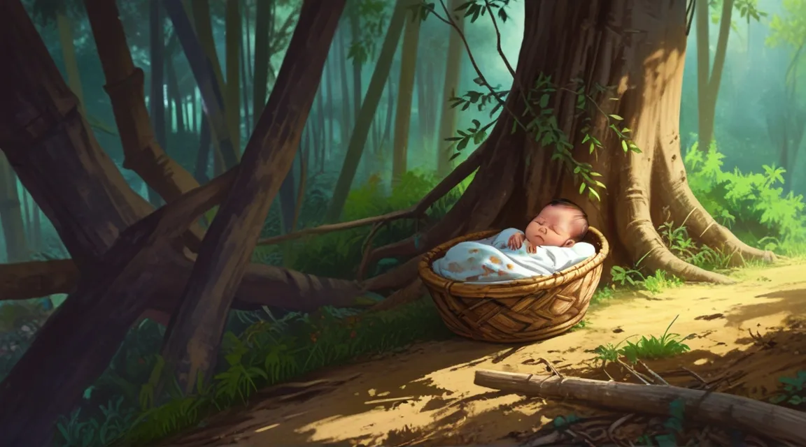 a baby is crying in a basket in the woods