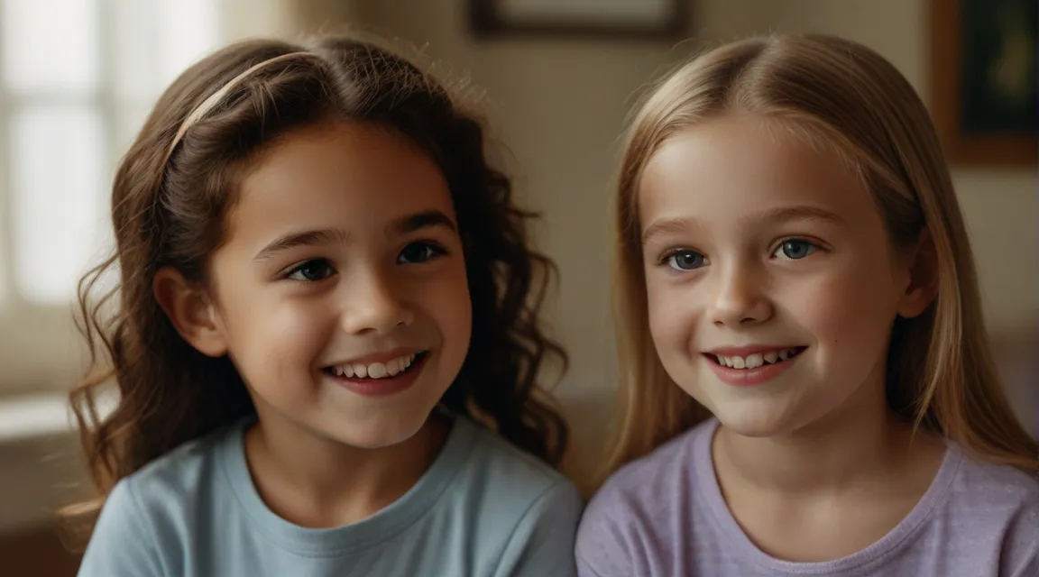 two little girls are smiling for the camera