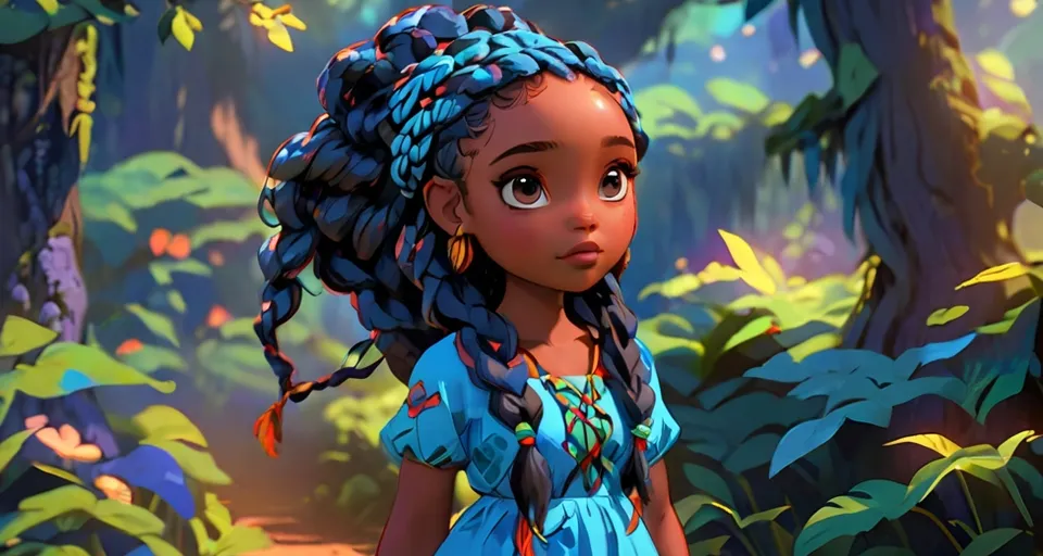 a young girl in black braids walking through a forest