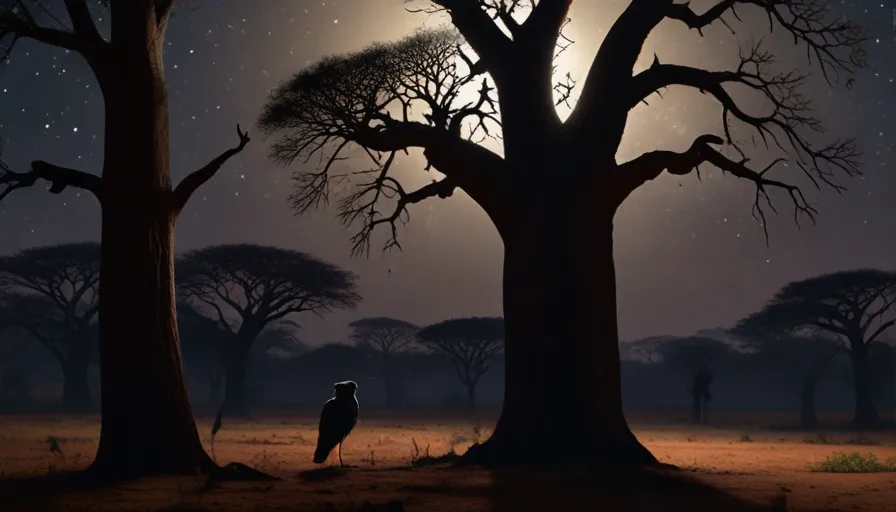 a bird standing in the middle of a forest under a full moon