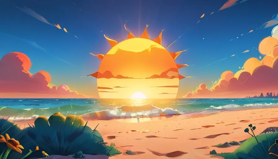 a painting of the sun setting over a beach