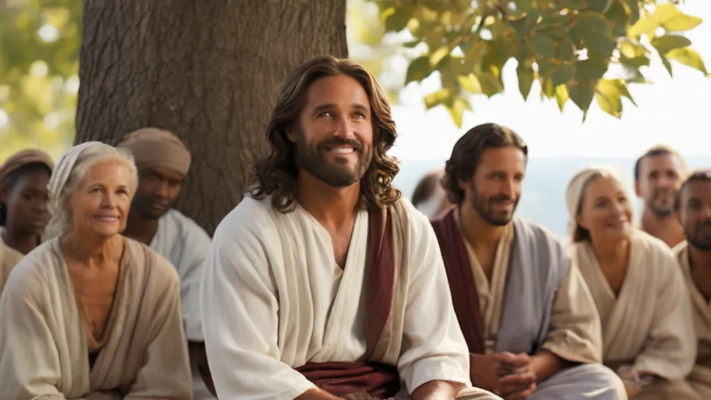 a group of people sitting next to each other under a tree