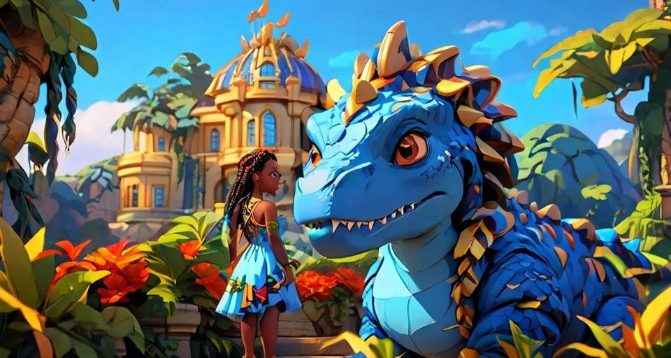 a young girl standing next to a blue dragon statue