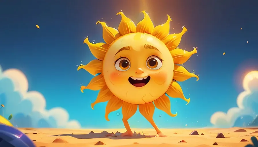 a cartoon sun walking across a sandy beach