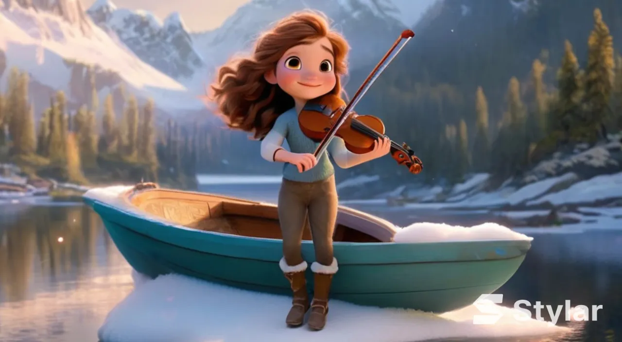 A young and beautiful girl with long hair, the girl smiles, the girl plays the violin while standing on a boat in a large lake, surrounded by snow-capped mountains