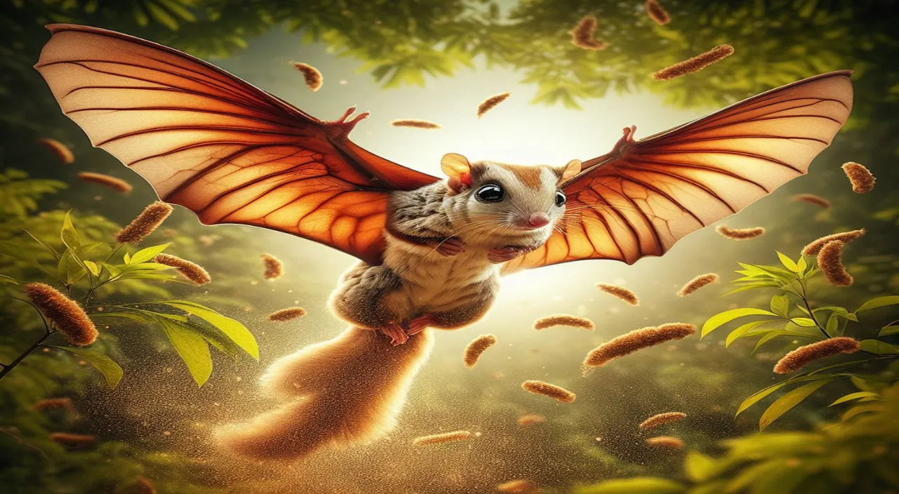 a squirrel riding on the back of a flying animal