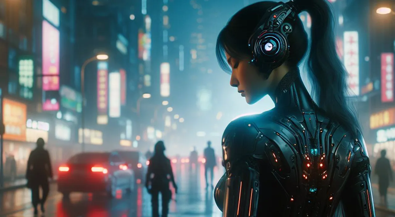 a woman in a futuristic city at night