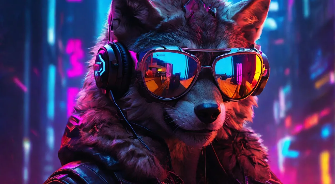 a wolf wearing headphones and sunglasses in a futuristic city