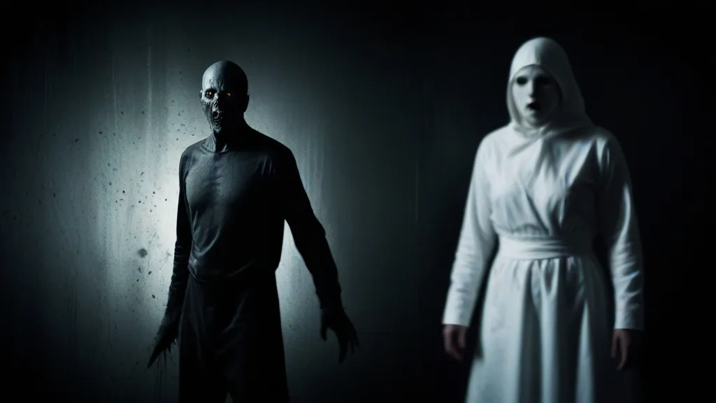 a man and a woman dressed in white standing in a dark room