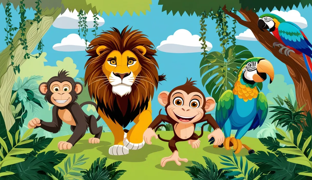 a group of monkeys and a lion in the jungle