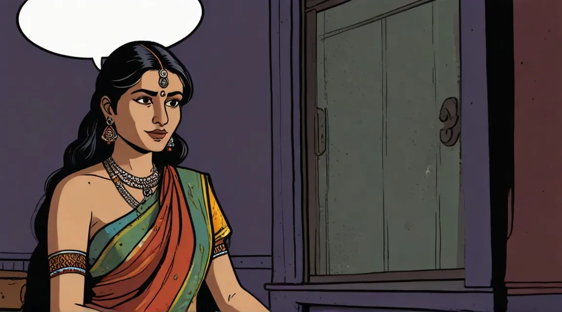 a woman in a sari with a thought bubble above her head