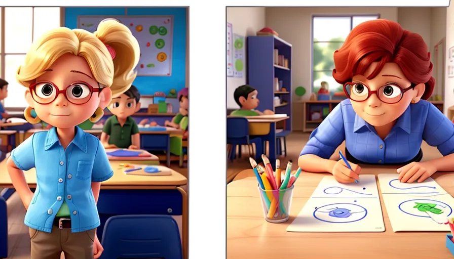 two pictures of a boy and a girl in a classroom