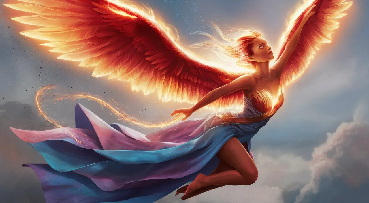 a painting of a woman with wings flying through the air