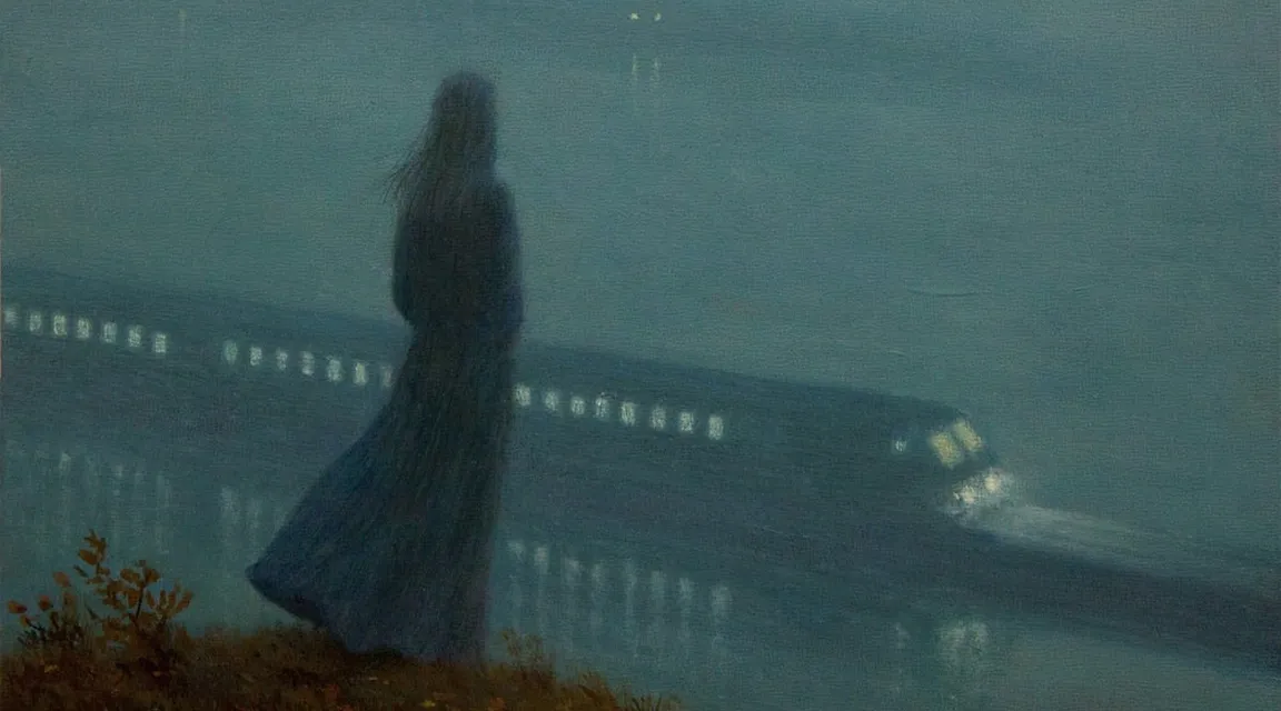 a painting of a woman standing on a hill overlooking a body of water