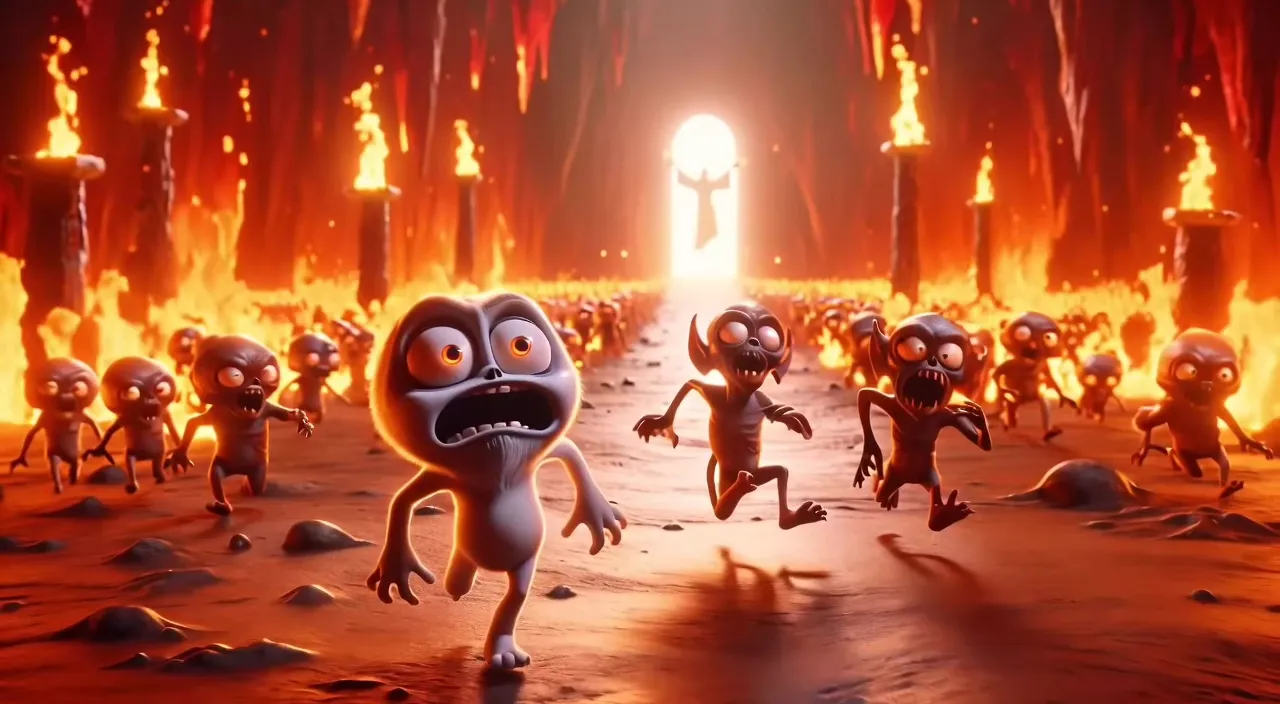 a group of cartoon characters in front of a fire