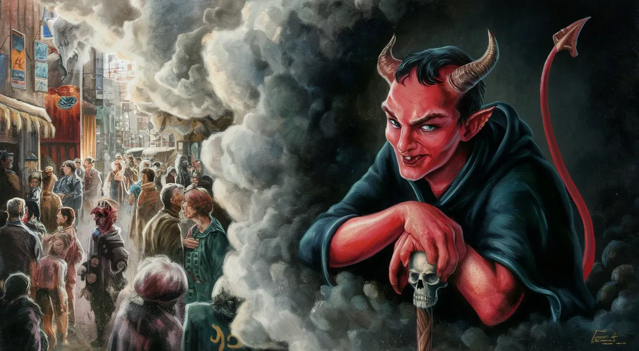 a painting of a demon in a crowd of people