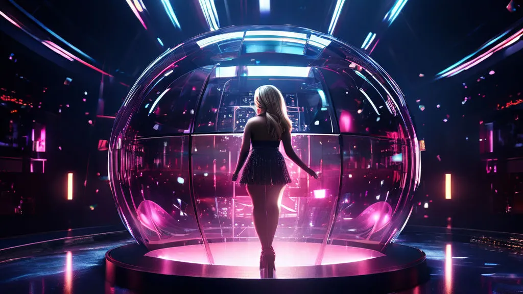 A hyper realistic and ultra detailed Britney Spears inside a sci-fi glass mirror discobal showing some of the hottest dancemoves, intricate and detailed, 8k octane render, cinematic, atmospheric blue and red lighting, 