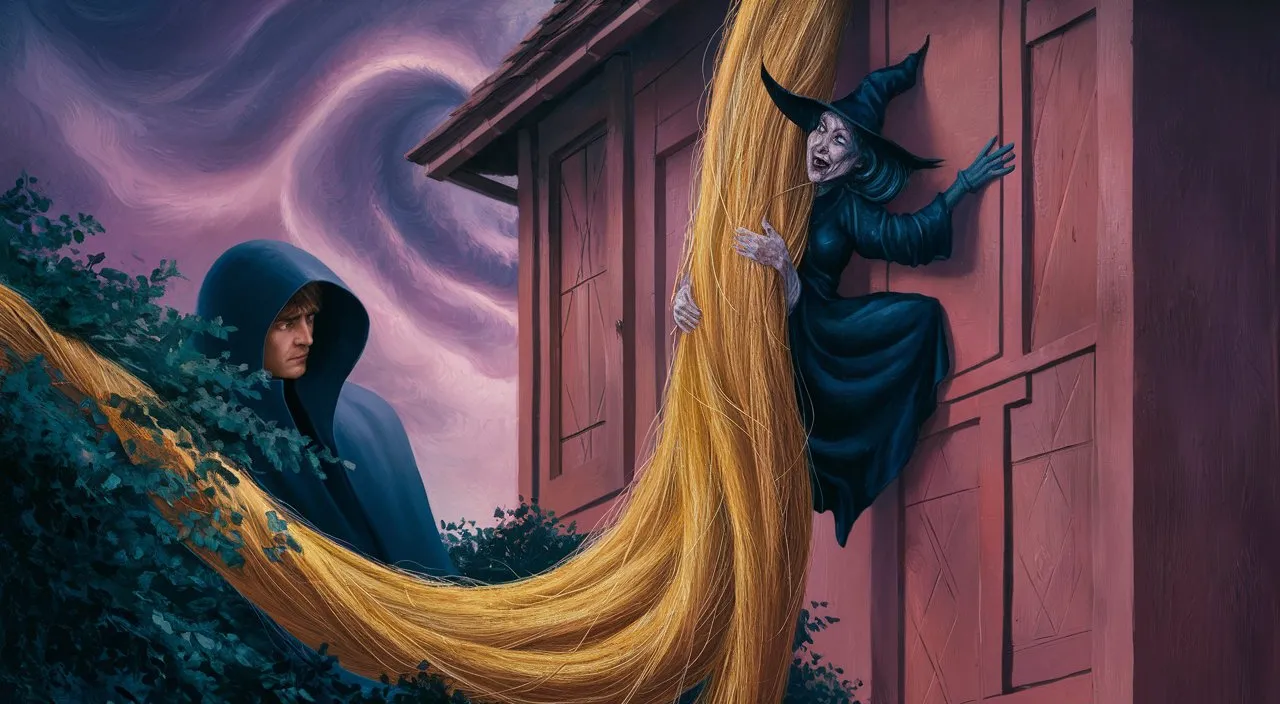 a painting of a wizard and a witch on a broom