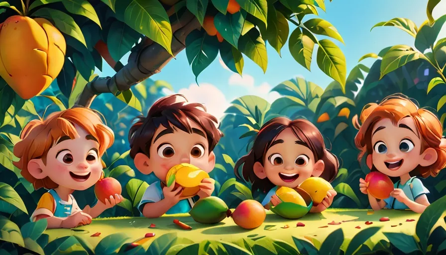 a group of children sitting on top of a lush green forest