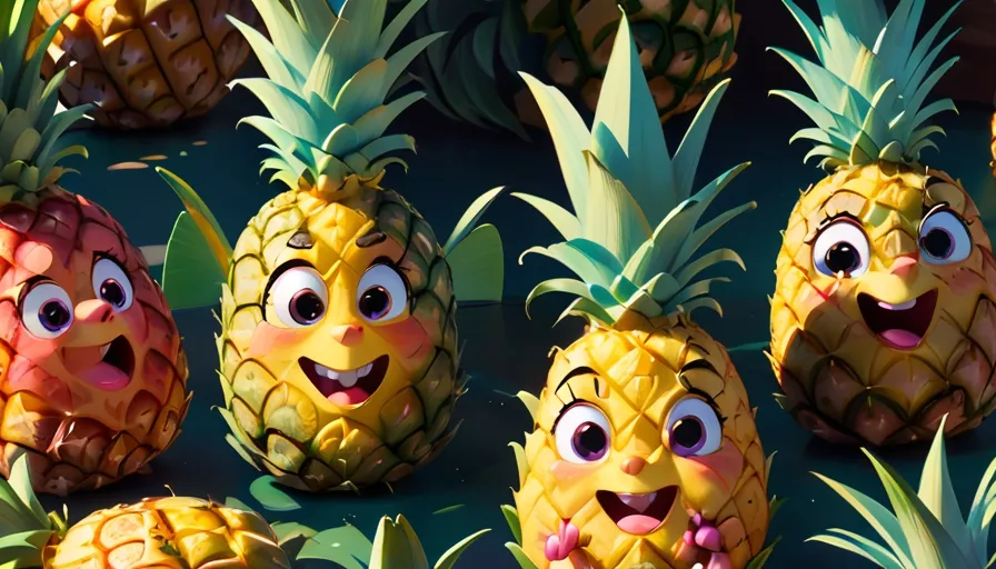 a group of pineapples with faces painted on them