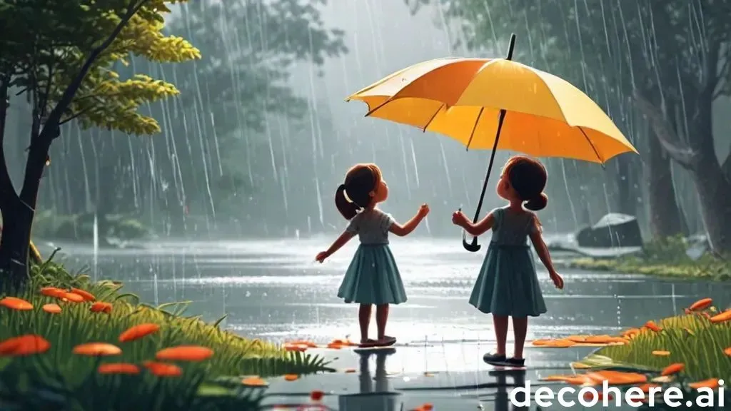 two little girls standing in the rain holding an umbrella