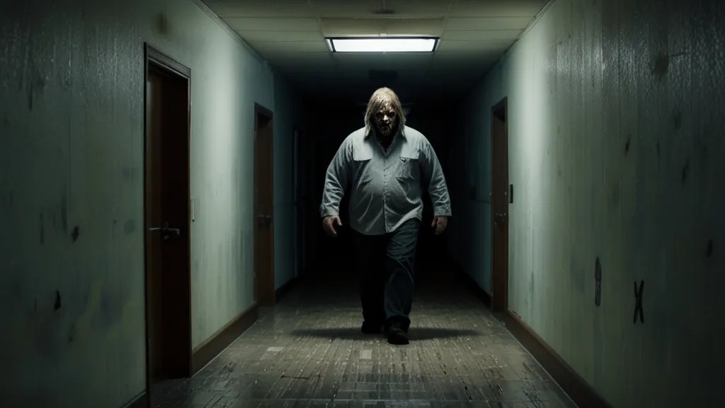 a man is walking down a dark hallway