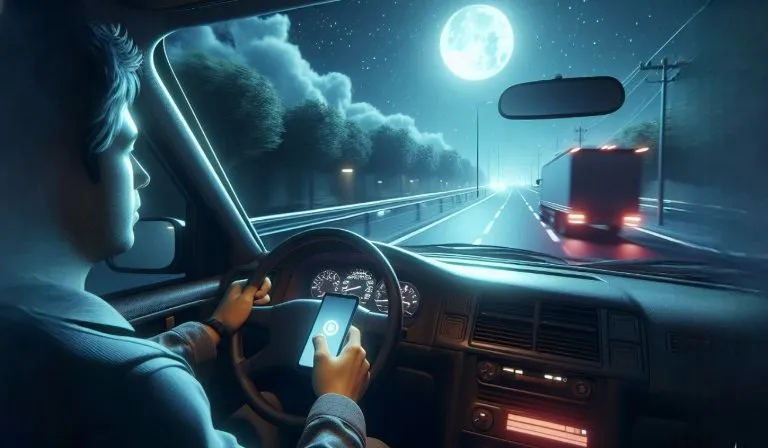 A man driving his car on a winding, misty mountain road at night with a full moon in the background