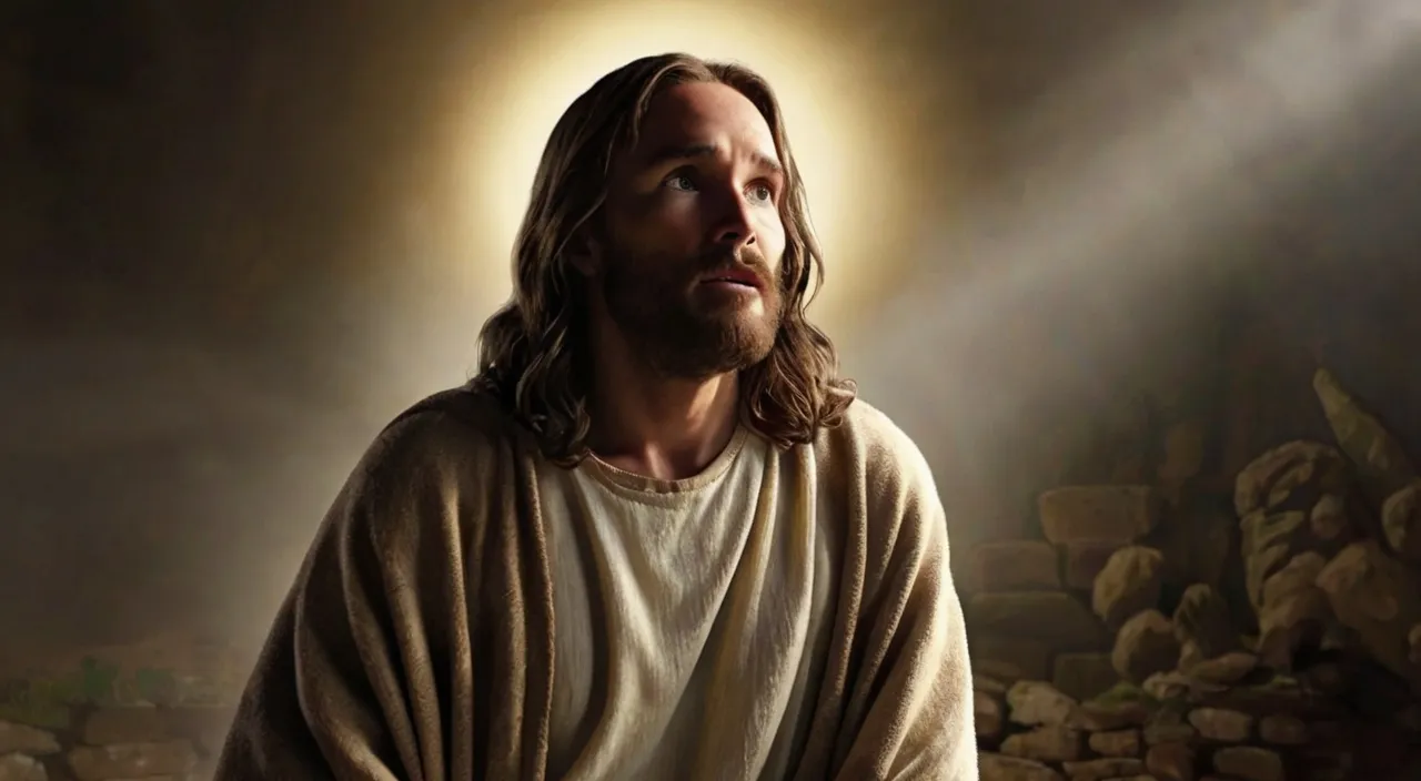 a painting of jesus standing in front of a light