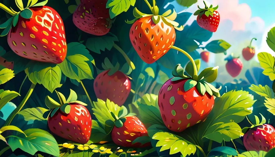 a painting of a bunch of strawberries hanging from a tree