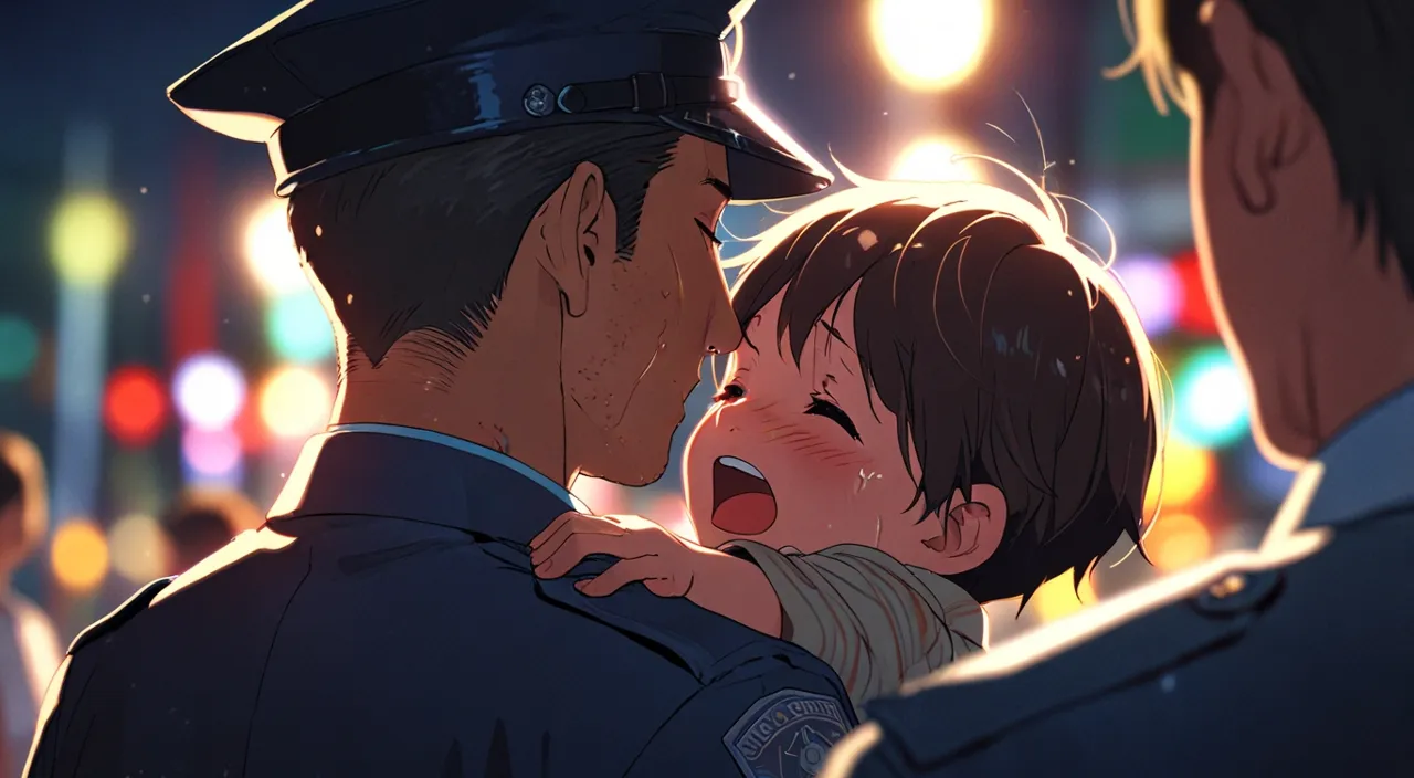 a police officer holding a boy in his lap in a fair