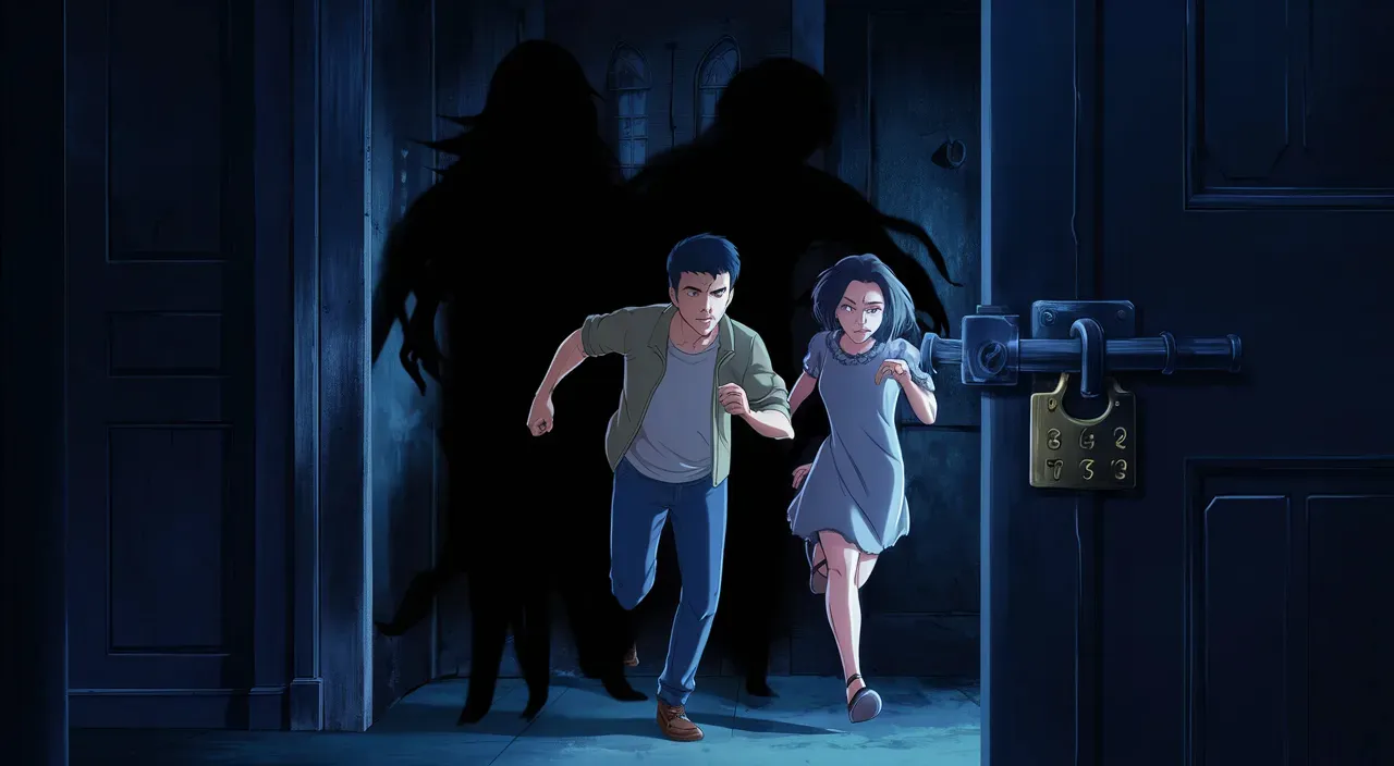 a man and a woman walking into a dark room