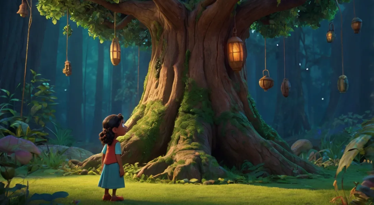 Timber the tree, with a wise expression, poses his riddle. Meera the young girl thinks for a moment and then answers with a smile, 3d animation, disney inspired.