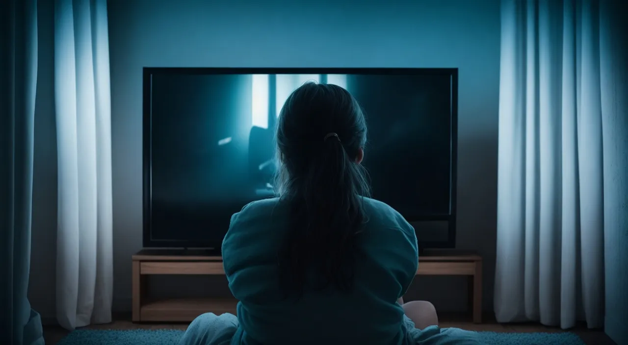 a woman sitting on the floor in front of a tv