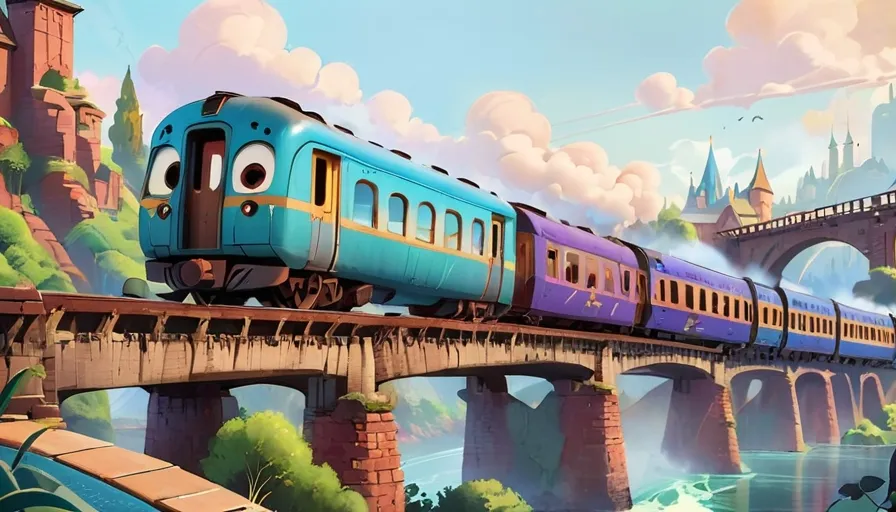 a cartoon train traveling over a bridge over a river