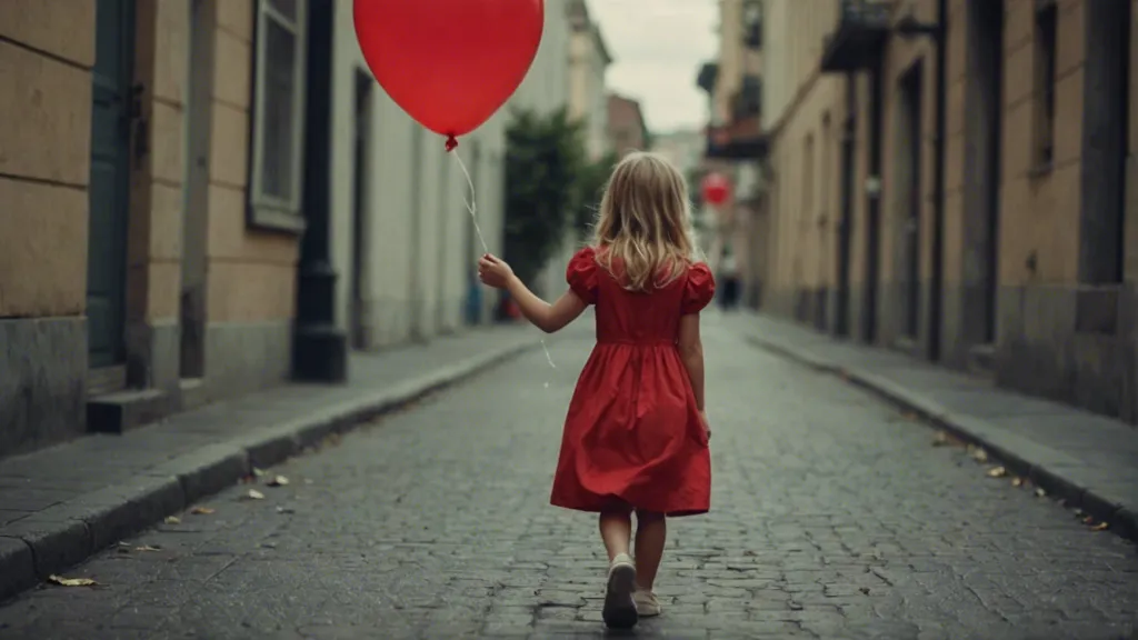 a little girl in a red dress walking down the street holding a red balloon