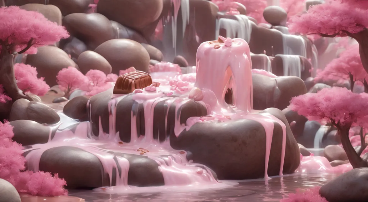 a cake with pink icing on top of a waterfall