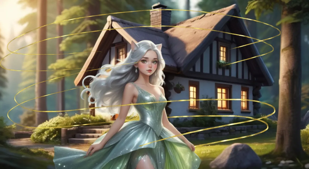 a woman in a green dress standing in front of a house with magical waves moving all around her