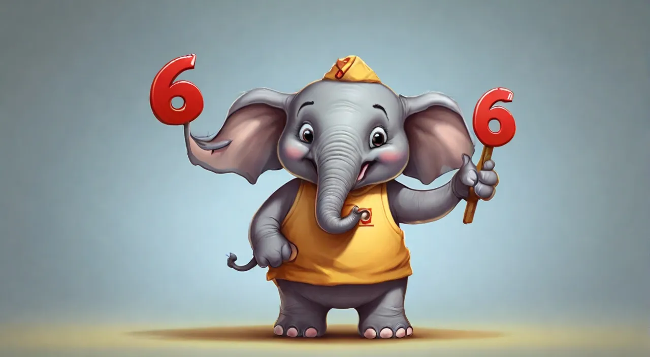 a cartoon elephant holding a red number six