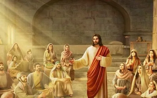 a painting of jesus standing in front of a group of people