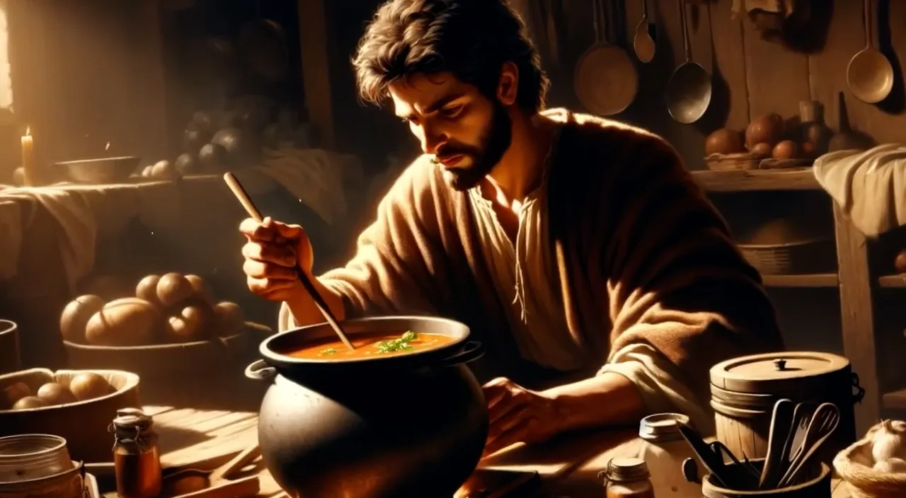 a painting of a man stirring a pot of soup