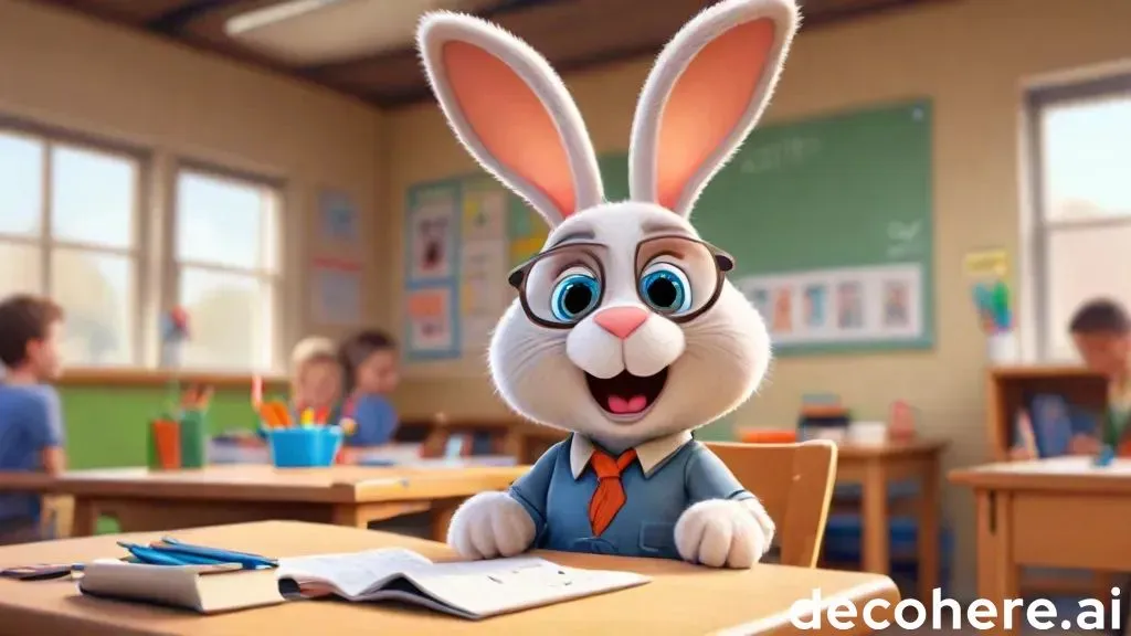 a cartoon bunny sitting at a desk in a classroom talking