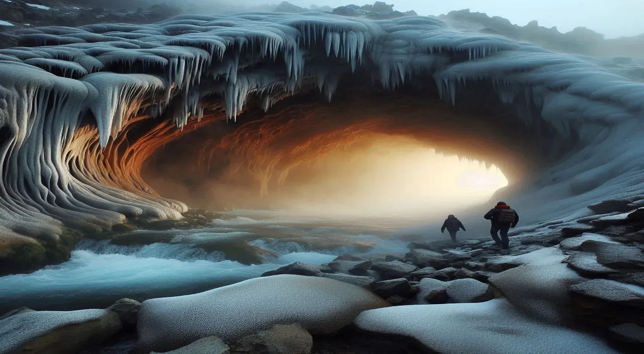 a man and a woman walking into a cave