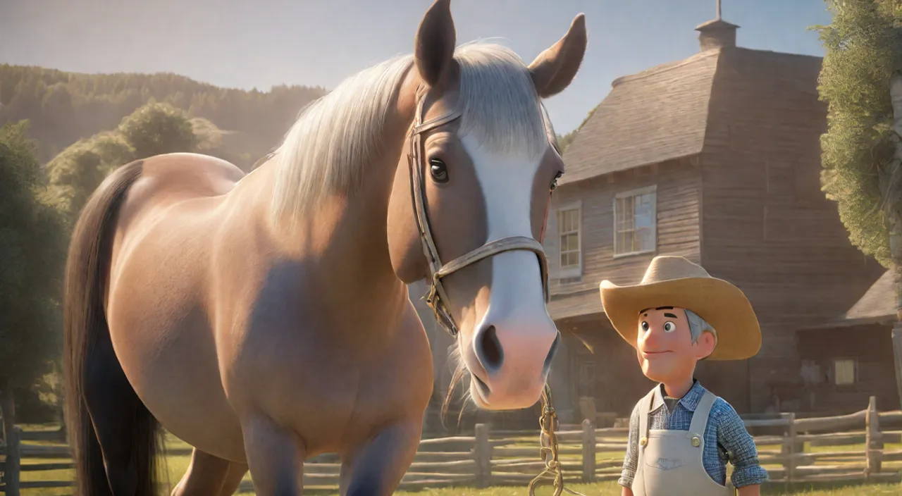 a man standing next to a horse on a lush green field