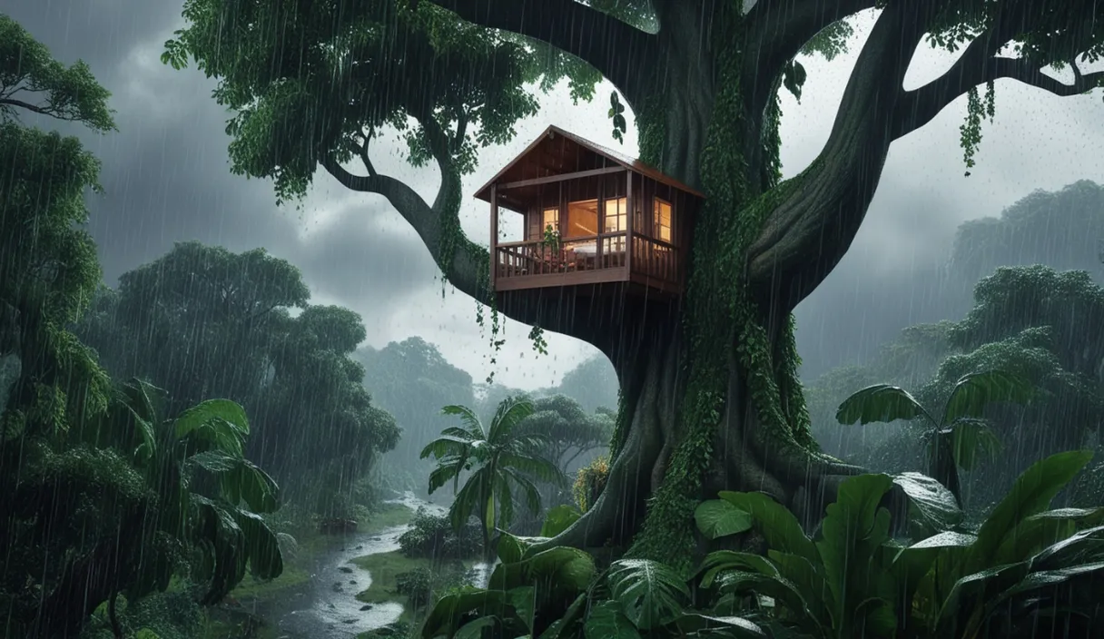 a tree house in the middle of a forest