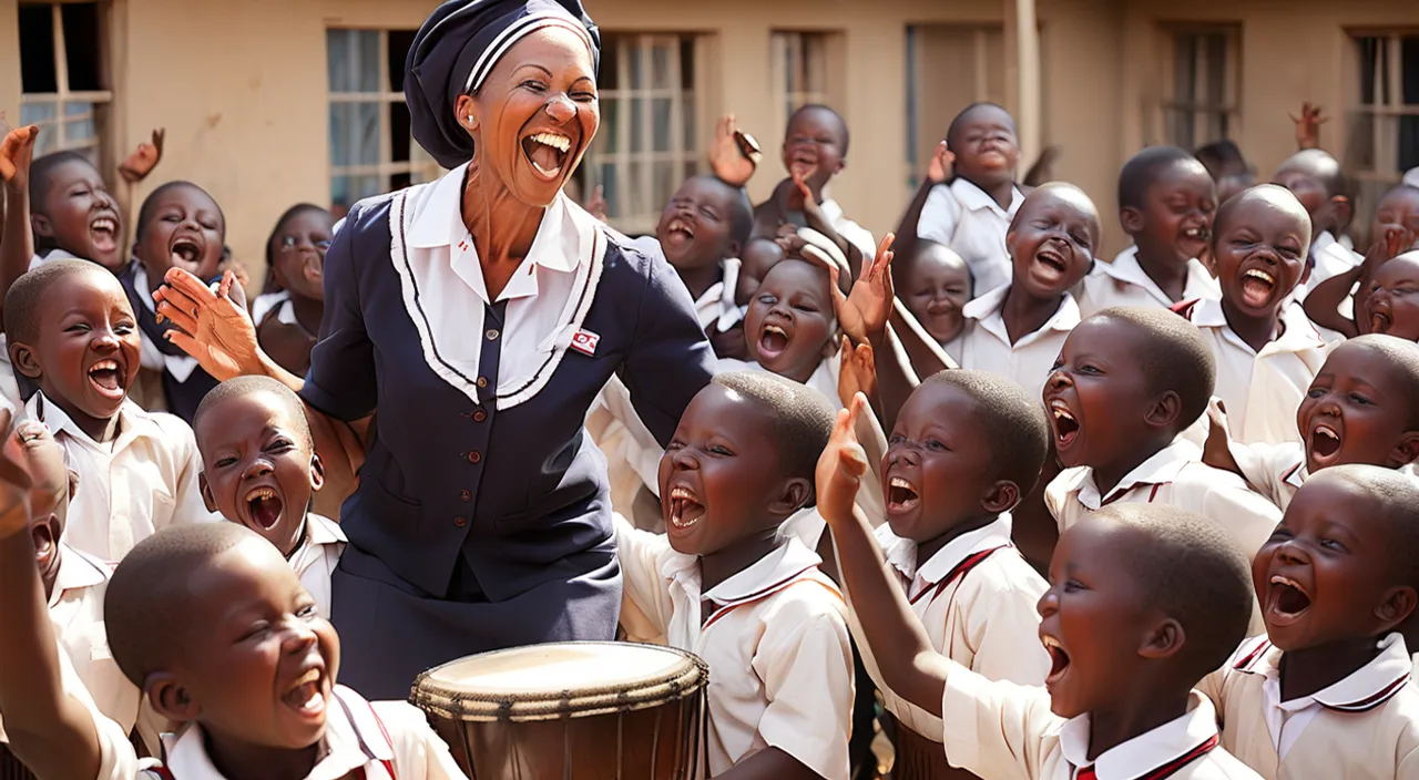 a woman standing in front of a group of children