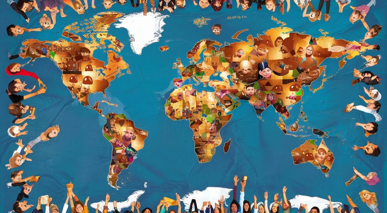 an overview of the whole world, where all people smile together.  The message of positivity and hope spreads globally.